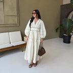 V-Neck Button Front Puff Sleeve Eyelet Lace Embroidered Tiered Maxi Dress