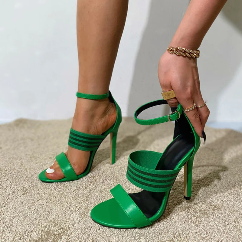 Mixed Color Narrow Band Gladiator High Heel Sandals with Open Toe Buckle Strap for Women
