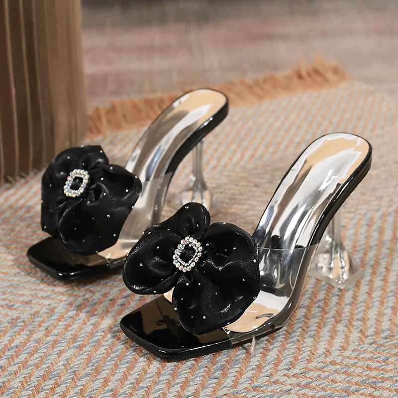 PVC Transparent High Heel Slippers with Rhinestone Buckle and Bowknot for Women