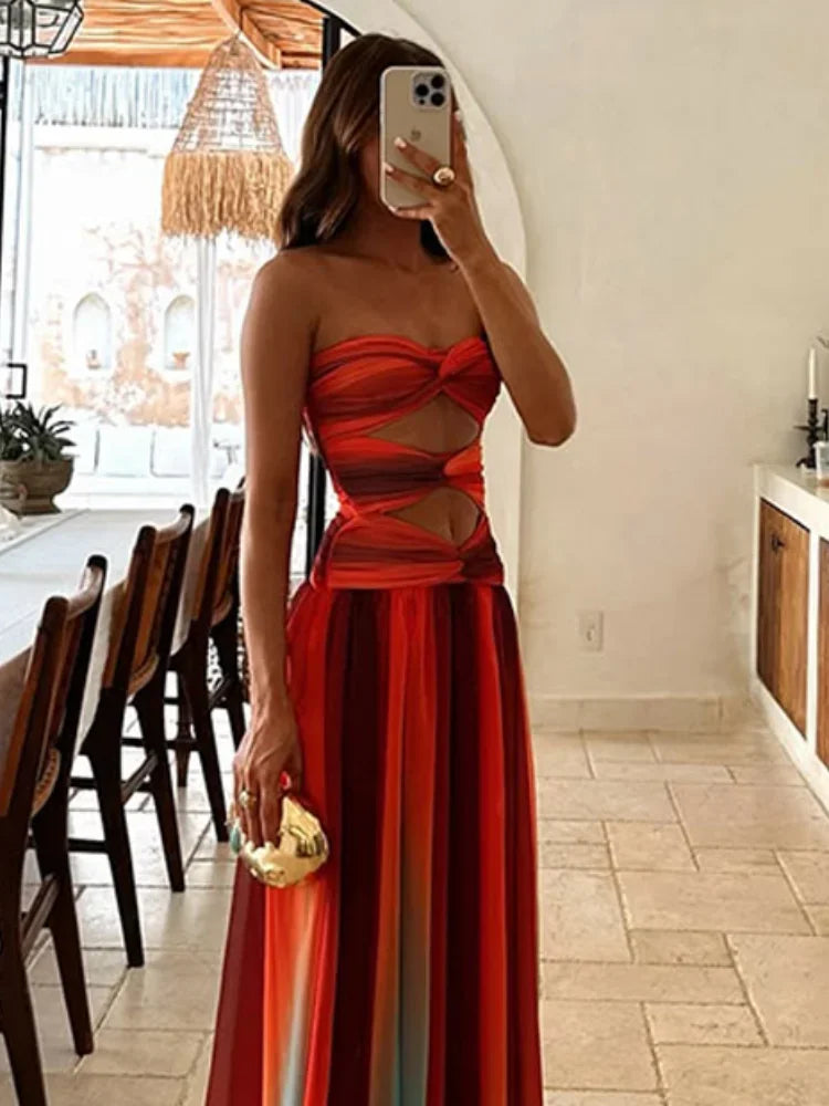 Pleated Tulle Strapless Twist Knot Cut Out Tiered Maxi Dress