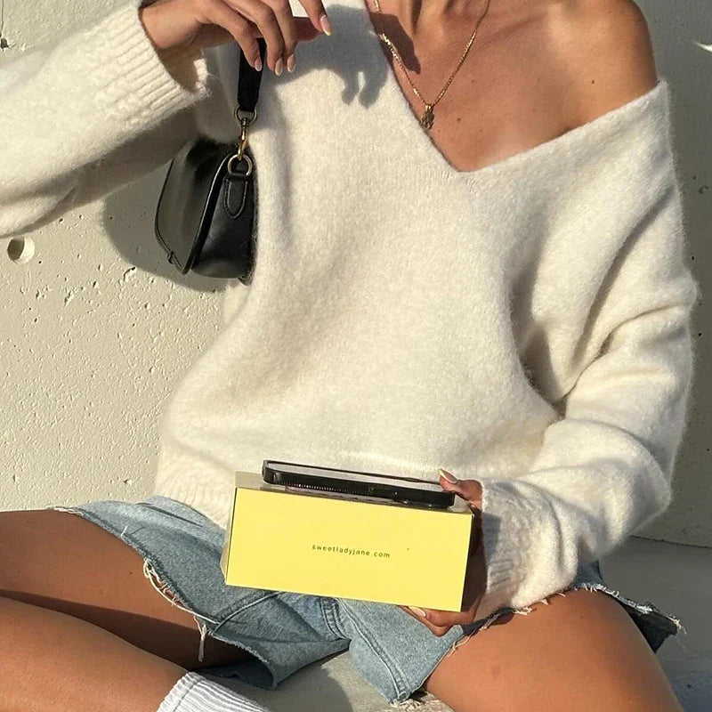 V-neck Solid Casual Sweater Simple All-match Cable-knit Knitwear Pullovers Fall Women Clothes Streetwear Loose Fit Tops