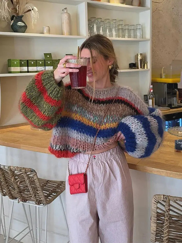 Casual Knitted Colorful Stripes Sweater Women Fashion O Neck Puff Long Sleeves Short Pullover Autumn Lady High Street Jumper