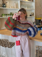 Casual Knitted Colorful Stripes Sweater Women Fashion O Neck Puff Long Sleeves Short Pullover Autumn Lady High Street Jumper