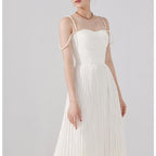 Cold Shoulder Frayed Strap Textured Pleated Corset Bodice Maxi Dress