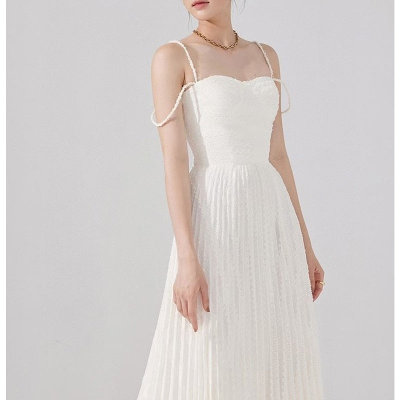 Cold Shoulder Frayed Strap Textured Pleated Corset Bodice Maxi Dress