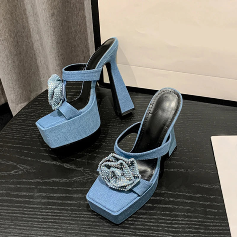 Rhinestone Platform Slippers with Crystal Flower Design for Women