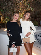 Boat Neck Long Sleeve Knit Ruffle Cuff and Hem Mini Dress