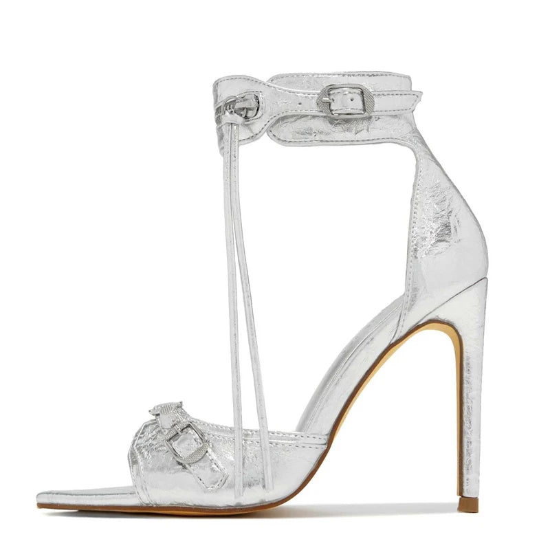 Summer Fashion Zip Tassel Women Sandals with Metal Rivet Buckle, Pointed Open Toe Stripper Heels