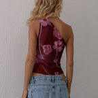 Y2K Vintage Ruched One Shoulder Flower Print Cami Top