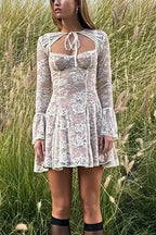Elegant Lace Up Mini Dress with Long Sleeves and Slim Pleated Design