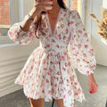 Ditsy Floral Print Lace Trim Puff Sleeve Tiered Ruffle Hem Mini Dress