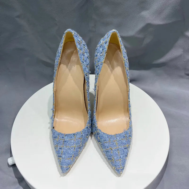 Navy Blue Plaid Pointy Toe High Heel Stiletto Pumps for Women