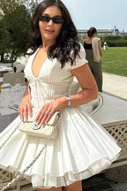 V-Neck High Waist Pleated Mini Dress with Short Sleeves