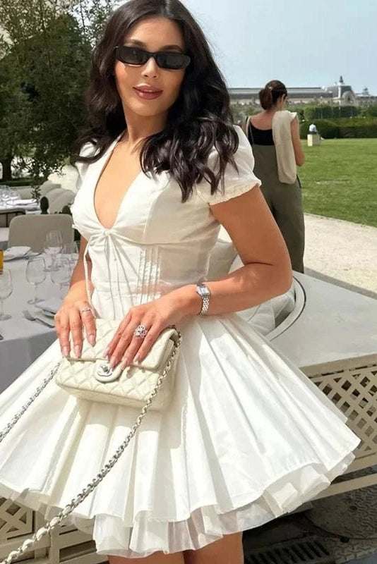 V-Neck High Waist Pleated Mini Dress with Short Sleeves
