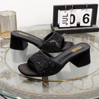 Luxurious ladies slippers with thick square head and 6cm coarse heel
