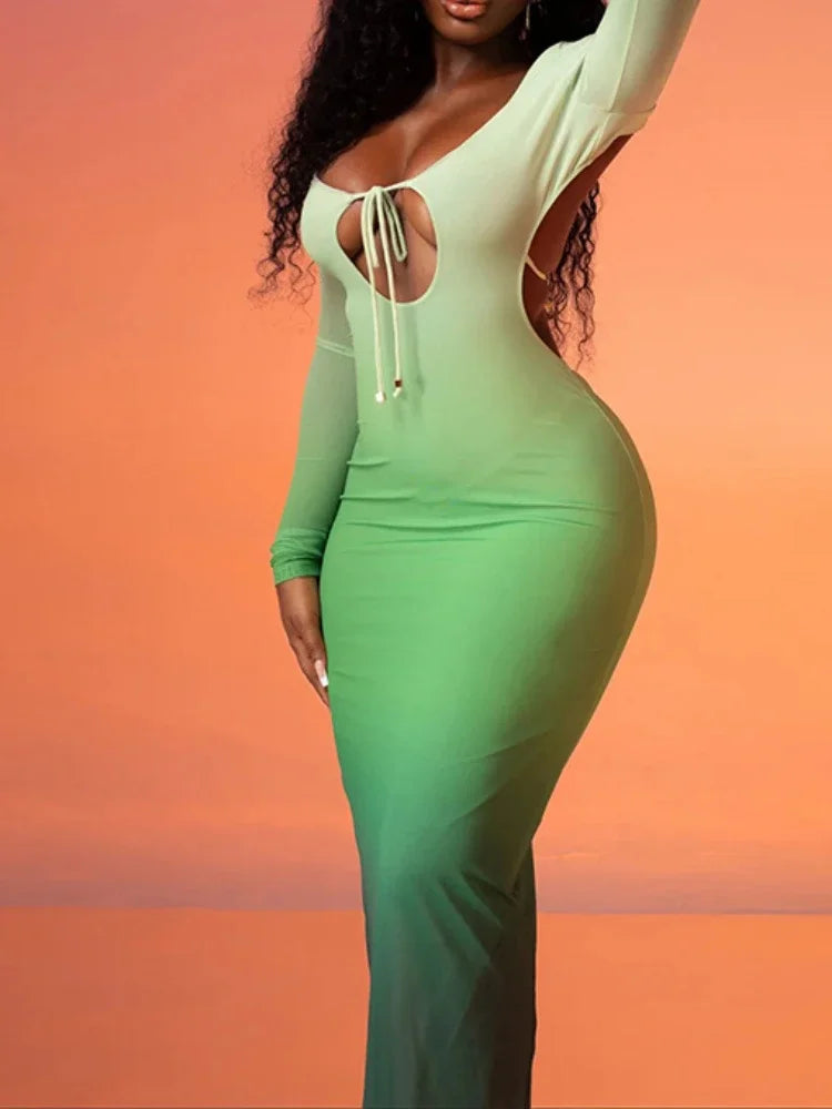 Long Sleeve Tie Front Keyhole Side Cut Out Bodycon Maxi Dress