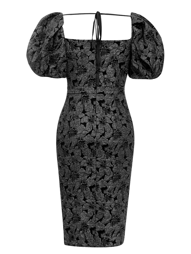 Eira Jacquard Fabric Midi Dress with Puff Sleeves