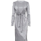 Liquid Silver Ribbed Long Sleeve Midi Dress