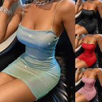 Square Neck Chain Strap Shimmer Ruched Bodycon Mini Dress