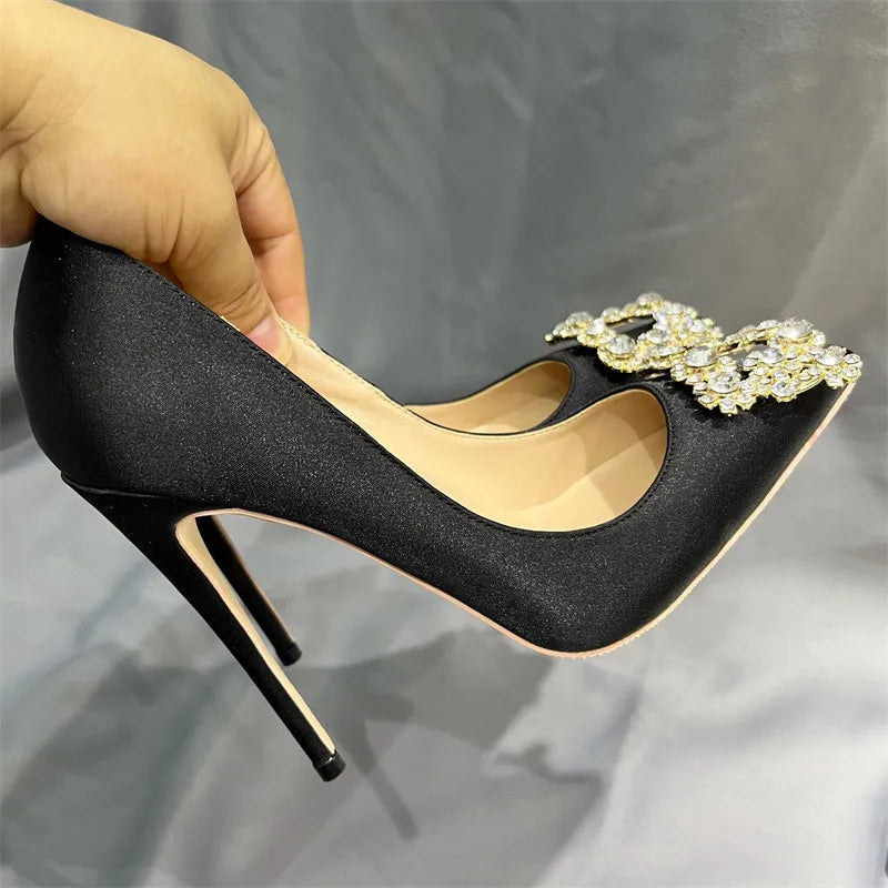 Black Satin Pointy Toe High Heel Shoes with Glitter Diamante Square Detail