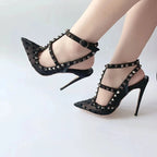 Black Gauze Mesh Gladiator High Heel Shoes with Summer Studs Rivets and Backless Design
