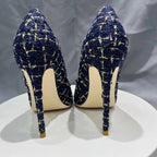 Navy Blue Plaid Pointy Toe High Heel Stiletto Pumps for Women
