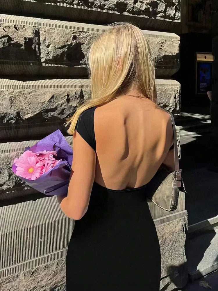 Cap Sleeve Deep Open Back Bodycon Maxi Dress