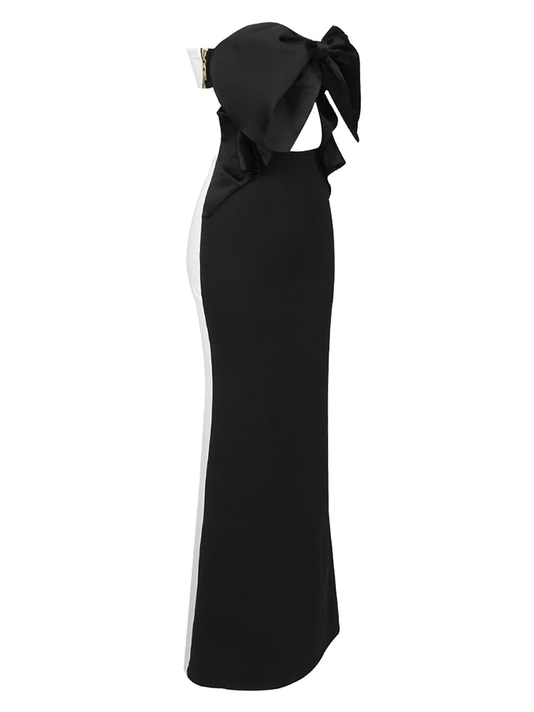 Oversized Bow Strapless Cut Out Mermaid Floor Length Gown With Contrast Train