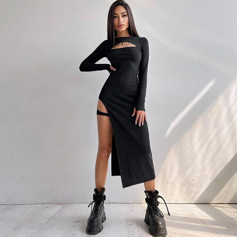 Ribbed Knit Chest Cutout Side Slit Hip Strap Detail Midi Dress