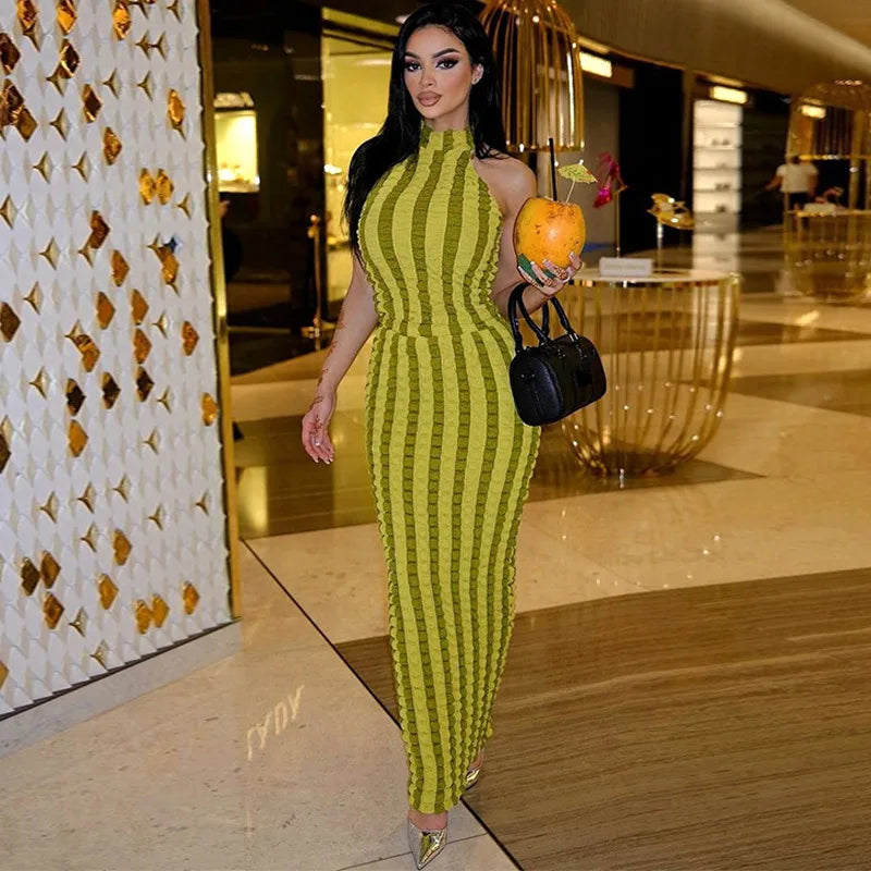 Striped Textured Rib Knit Halter Neck Bodycon Maxi Dress