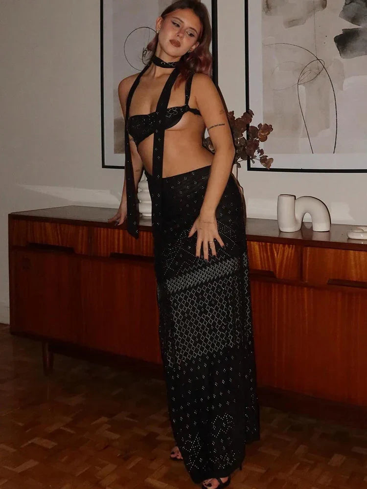 Rhinestone Studded Geometric Halter Neck Side Cut Out Maxi Dress