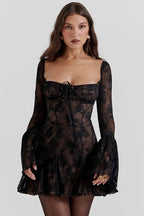 Lace-Up Square Neck Patchwork Long Sleeve Mini Dress