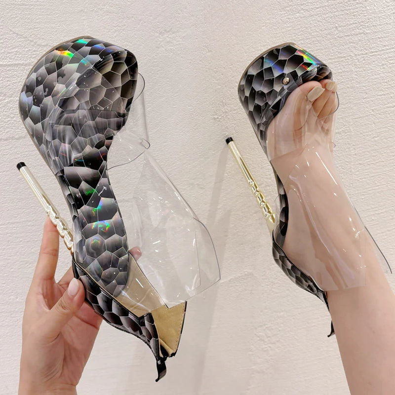 PVC Transparent Peep Toe Platform Sandals with Stiletto Heels for Women