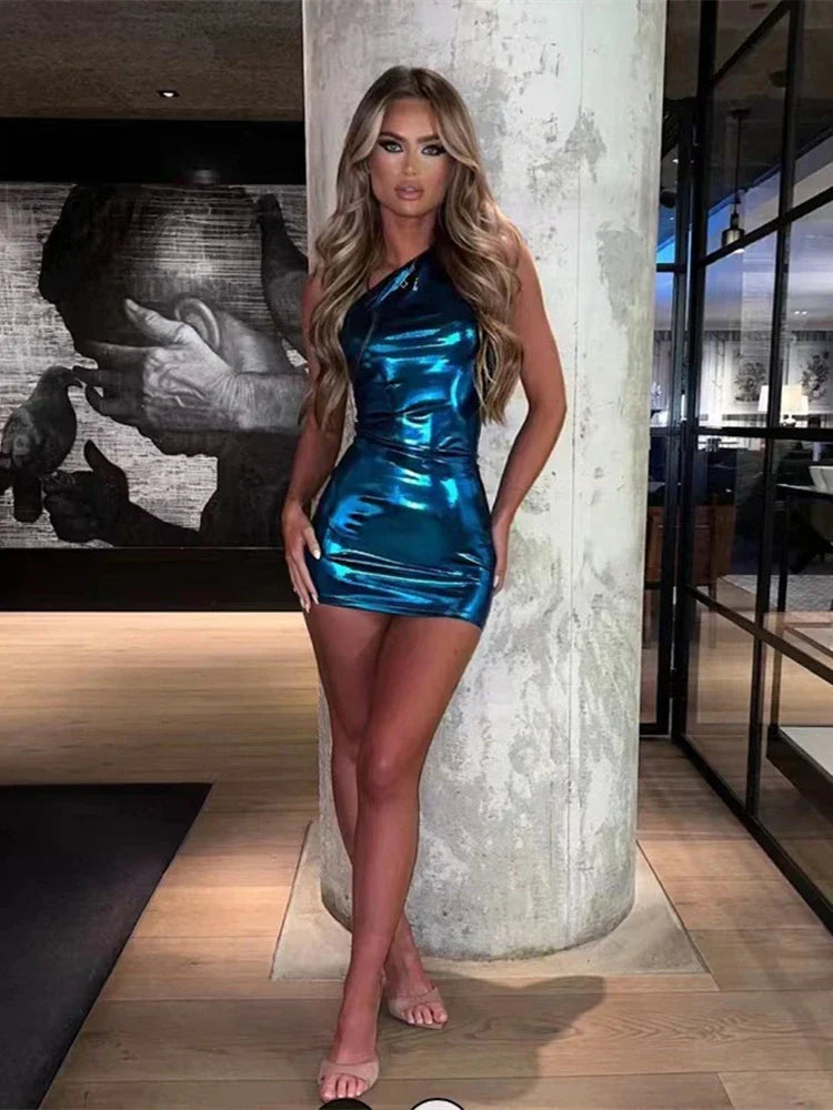 One Shoulder Metallic Foil Bodycon Mini Dress
