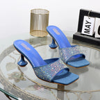 Summer Blue Denim Rhinestone Women's Slippers with 7CM Heel