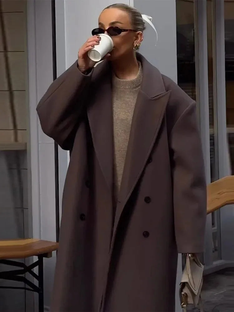 Casual Brown Wool Long Coats for Women Loose Turn Down Collar Double Breasted Female Overcoat Autumn Winter Street Lady Outwear
