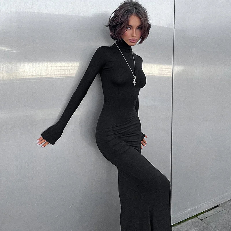 Ribbed Knit Mock Neck Long Sleeve Bodycon Maxi Dress