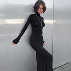Ribbed Knit Mock Neck Long Sleeve Bodycon Maxi Dress