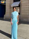 Mock Neck Draped Wrap Cape Overlay Sunray Pleated Maxi Dress