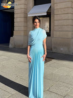 Mock Neck Draped Wrap Cape Overlay Sunray Pleated Maxi Dress