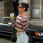 Striped Off Shoulder Pullovers Women Fashion Long Sleeves Contrast Color Tops 2025 Autumn Casual Party Lady New Streetwear