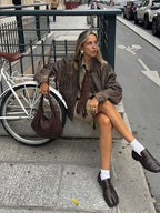 Vintage New Solid Color Lapel Women's Jackets Fashion Pocket Long Sleeved Zipper Coats Office Commuting Ladies Streetwears