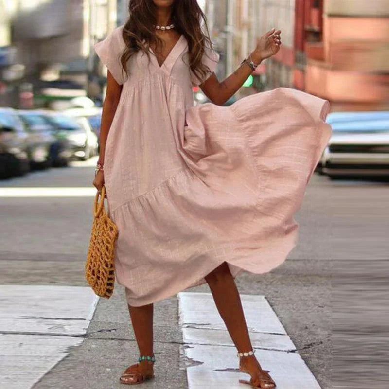 Cotton Linen Oversize Loose V-neck Boho Dress