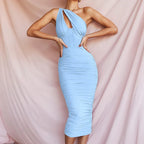 One Shoulder Keyhole Cut Out Corset Seam Ruched Bodycon Midi Dress