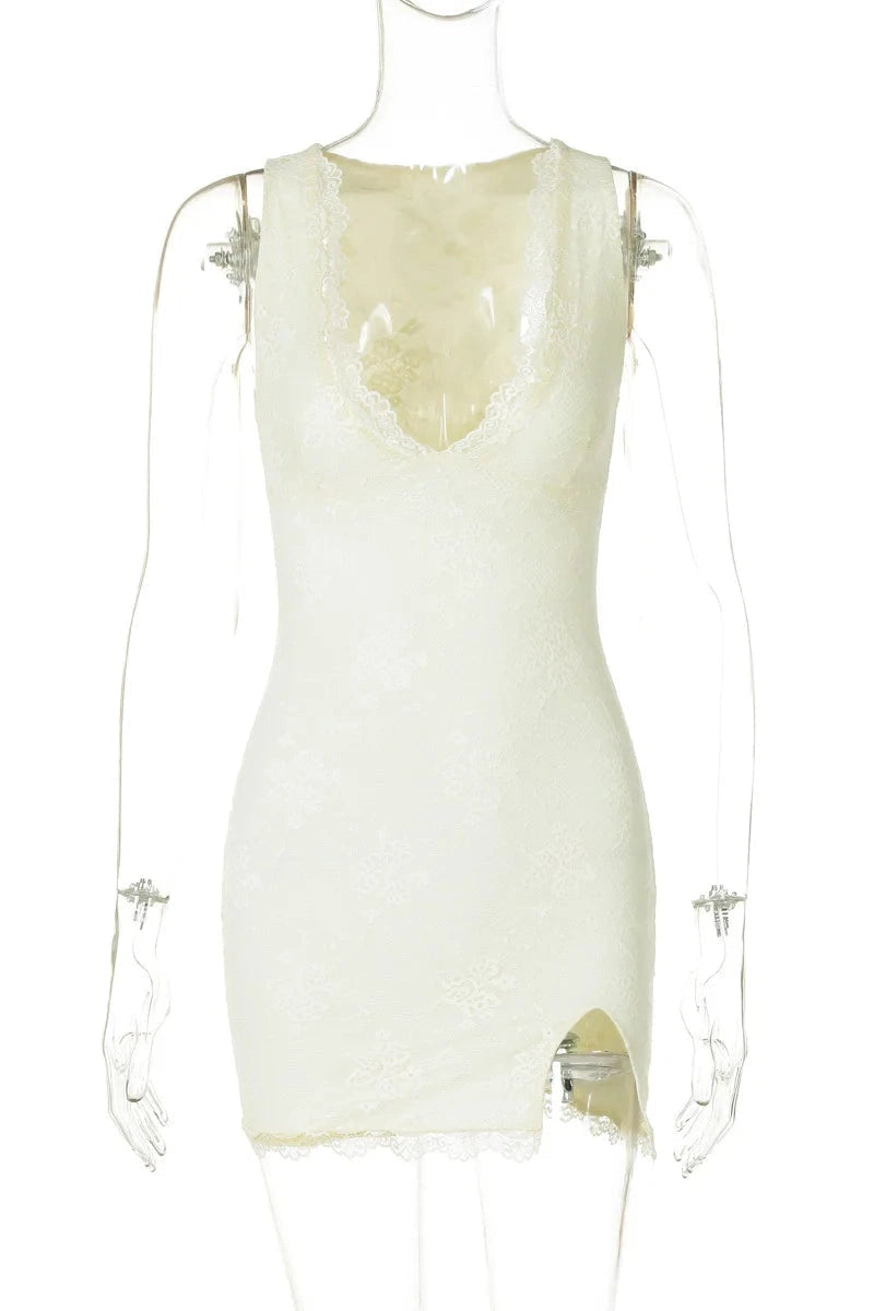 V Neck Slim Sleeveless Mini Dress with Slit