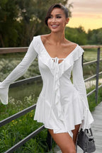 Deep V-Neck Bodycon Dress with Flared Sleeves