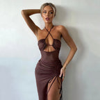Halterneck Criss Cross Strap Ruched Bust Cut Out Drawstring Side Slit Midi Dress