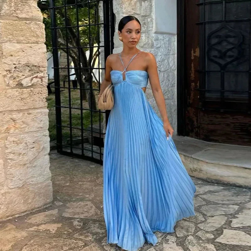 Halter Criss Cross Keyhole Pleated Tiered Ruffle Hem Maxi Dress