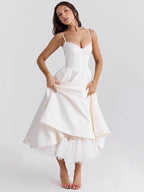 Lace Trim Corset Spaghetti Strap Tulle Underlay Full Skirt Midi Dress