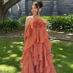 Chiffon Ruffle Halter Rosette Applique Tiered Maxi Dress